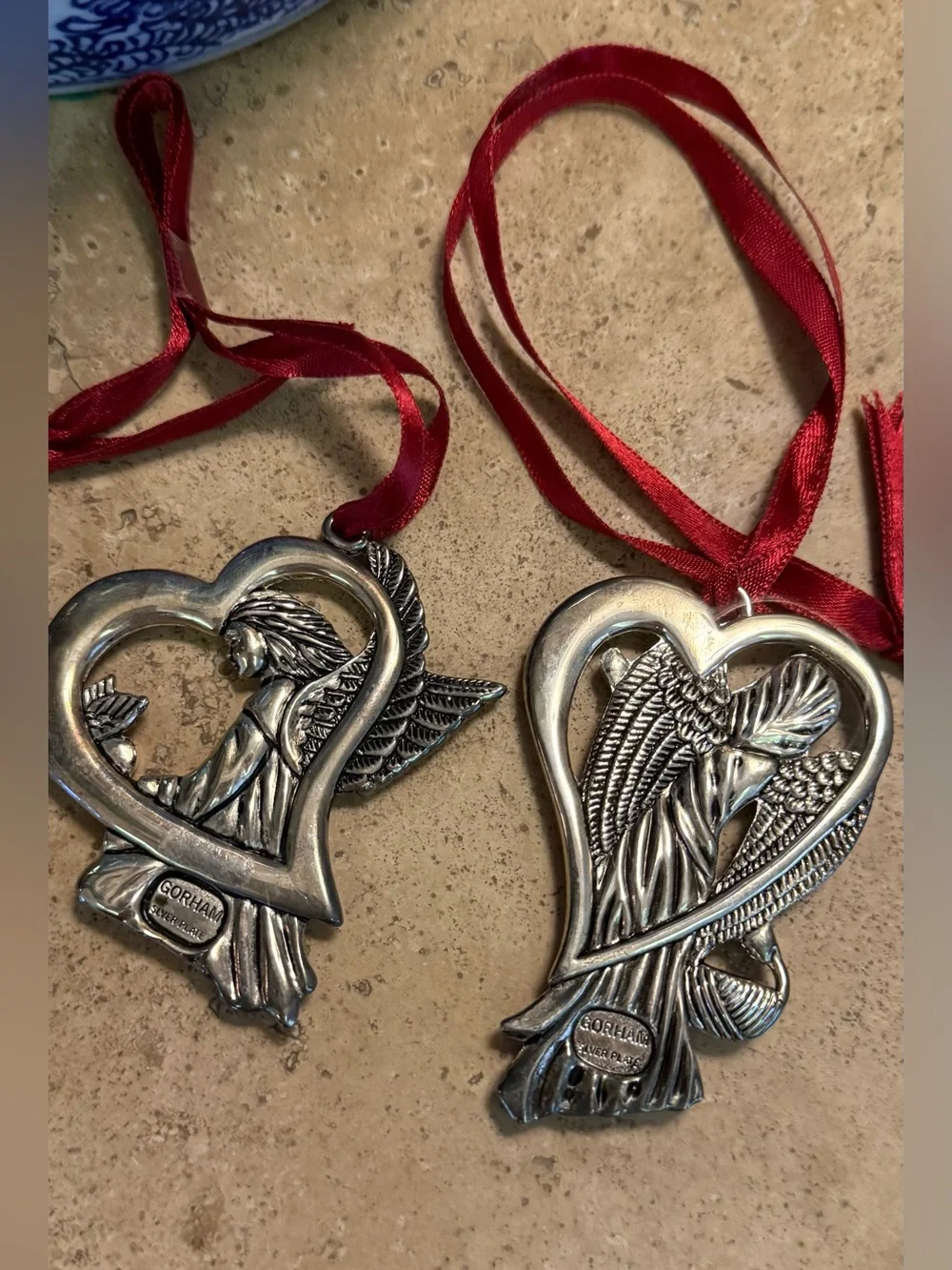 Vintage Gorham Silver Plated Angel Heart Ornaments - Set of 2 (Peace & Love)
